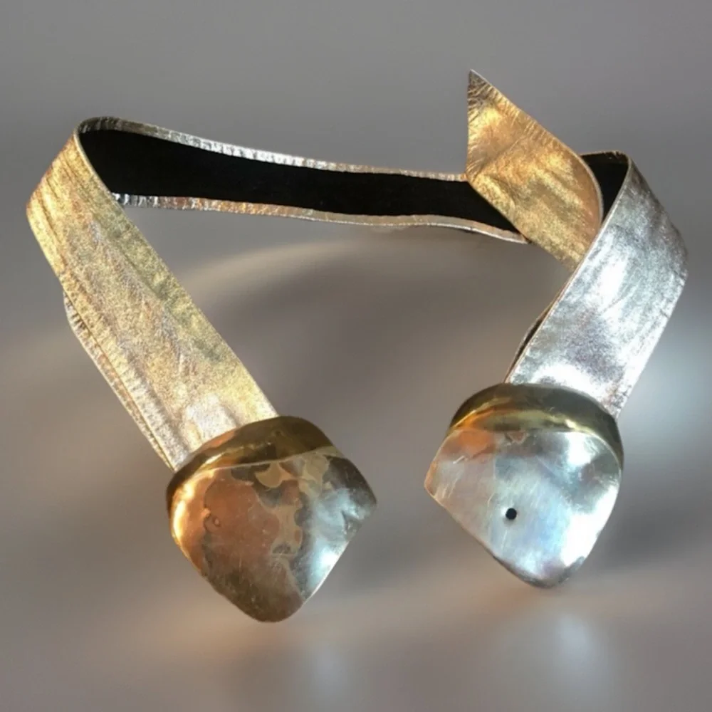VINTAGE Brass Hammered Buckle Metallic Silver Belt